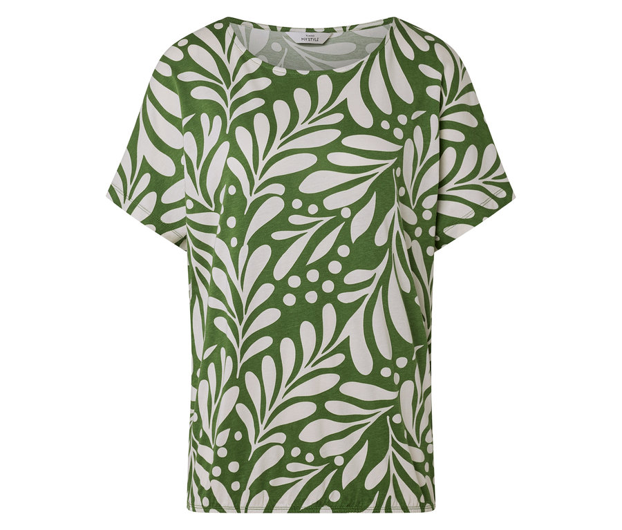 Un t-shirt vert avec un motif de feuilles et de points blancs.