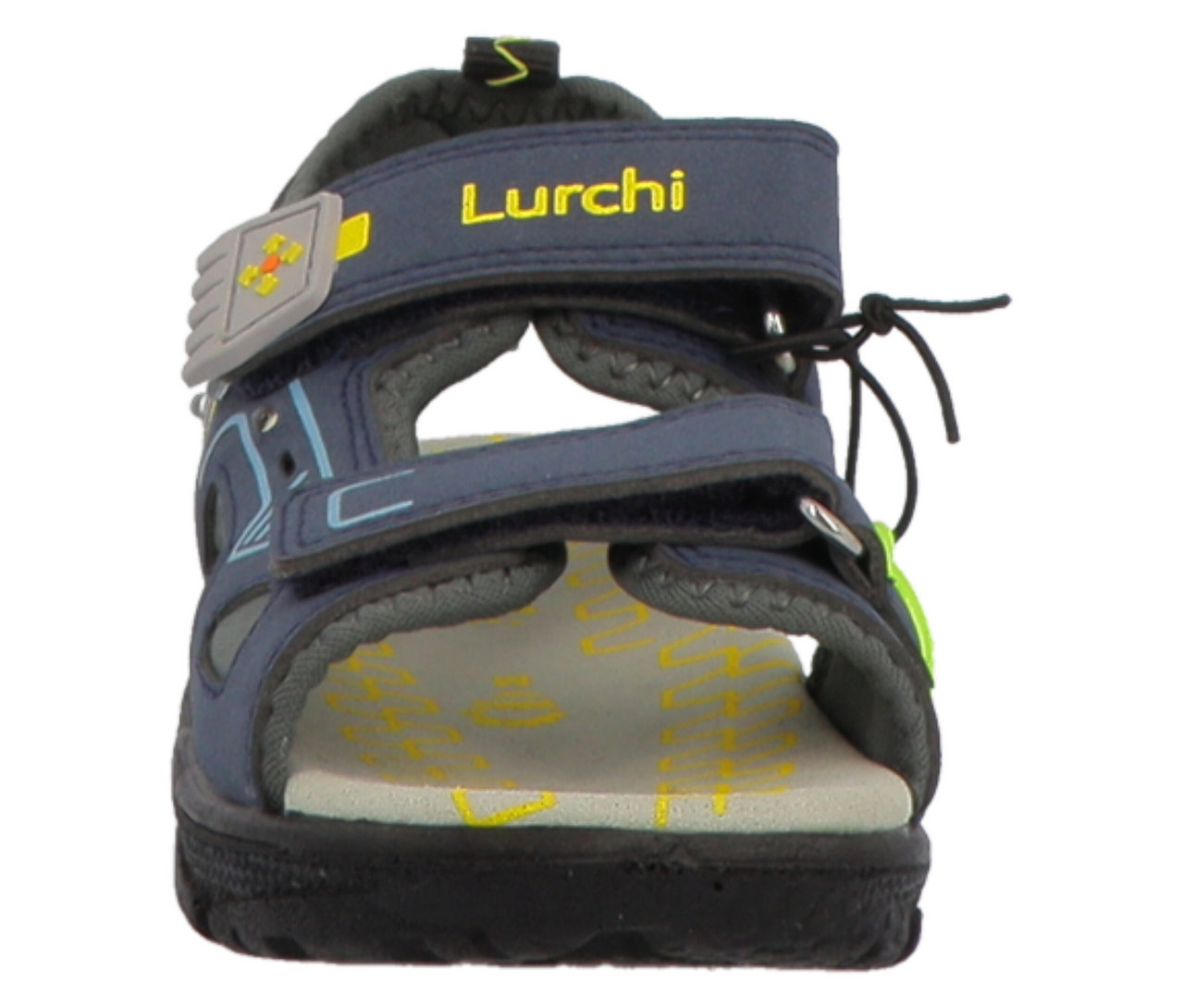 Une sandale pour garçon « Kodo » de LURCHI, de couleur bleu foncé, vue de face. Elle présente trois brides réglables à scratch, une semelle intérieure gris clair avec des marques jaunes et une semelle noire. Le nom de la marque 'Lurchi' est visible en jaune sur la bride de la cheville.