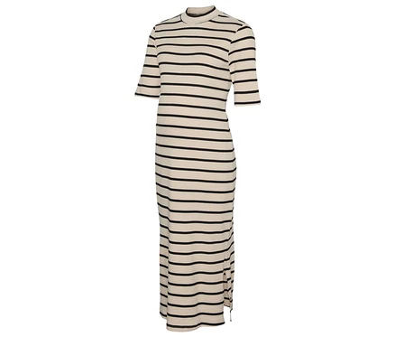 La robe MAMALICIOUS «
MLLANE » est beige à rayures noires et à manches courtes.