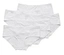 Cinq culottes blanches pour femmes sont posées les unes sur les autres, certaines avec des bordures en dentelle.