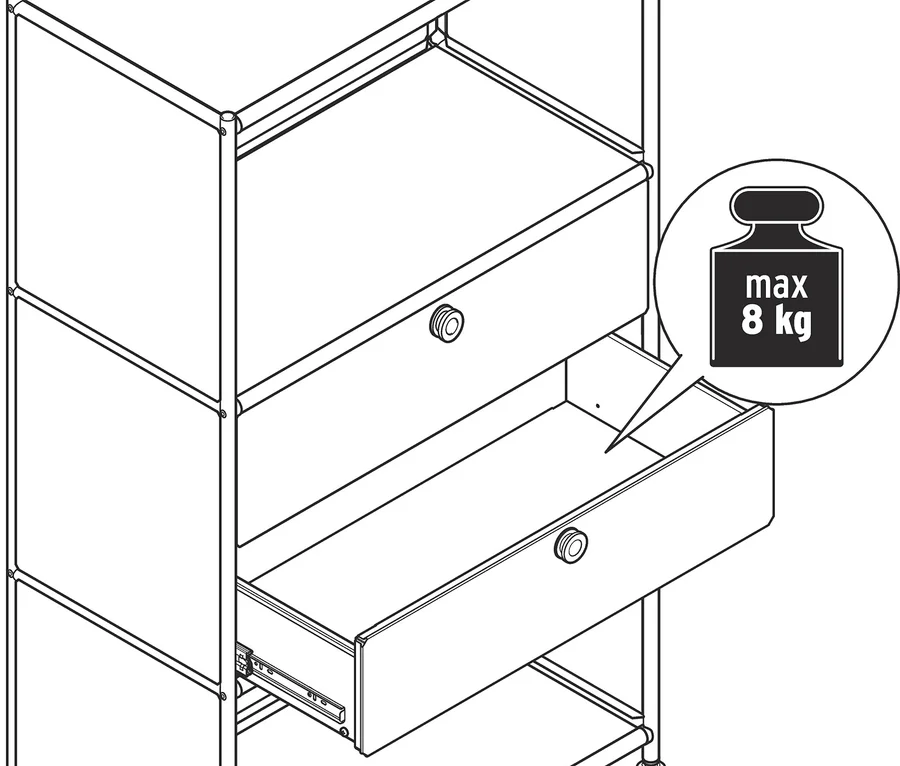 Dessin au trait d'une étagère avec deux tiroirs. Un tiroir, un petit kit d'extension de tiroir métallique CN3, est partiellement ouvert, montrant son mécanisme et un symbole de charge max. de 8 kg.