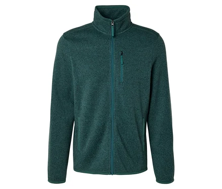 Veste en polaire tricotée verte avec col montant, fermeture éclair intégrale et poche poitrine zippée.