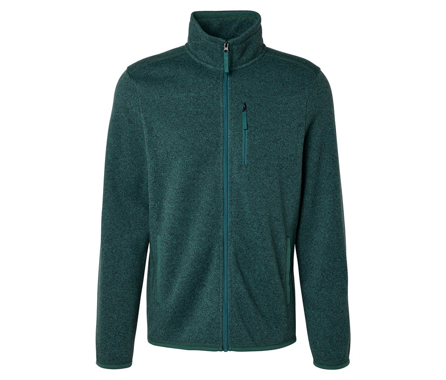 Veste en polaire tricotée verte avec col montant, fermeture éclair intégrale et poche poitrine zippée.