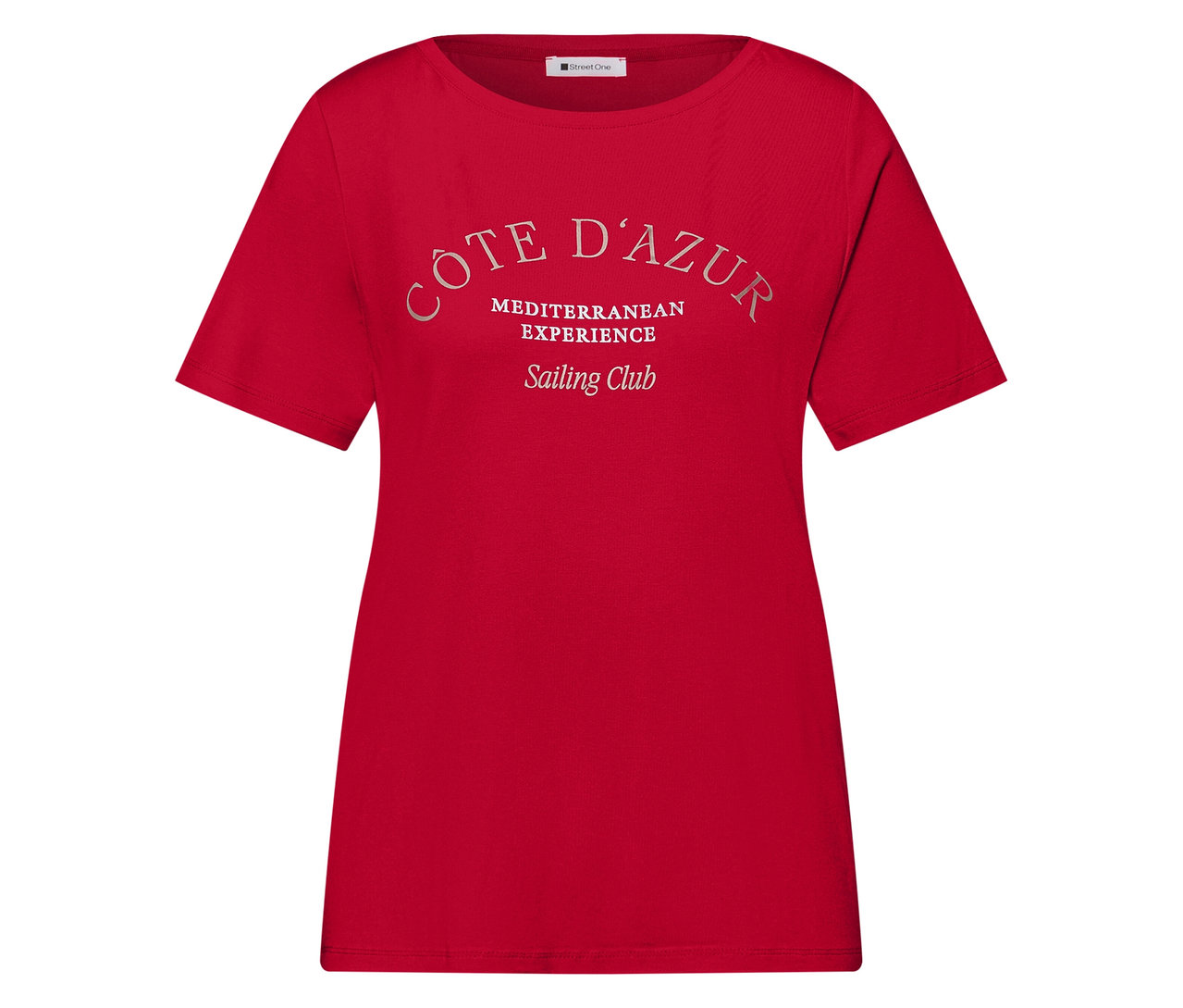 T-shirt Street One rouge avec l'inscription « Côte d'Azur, Mediterranean Experience, Sailing Club ».