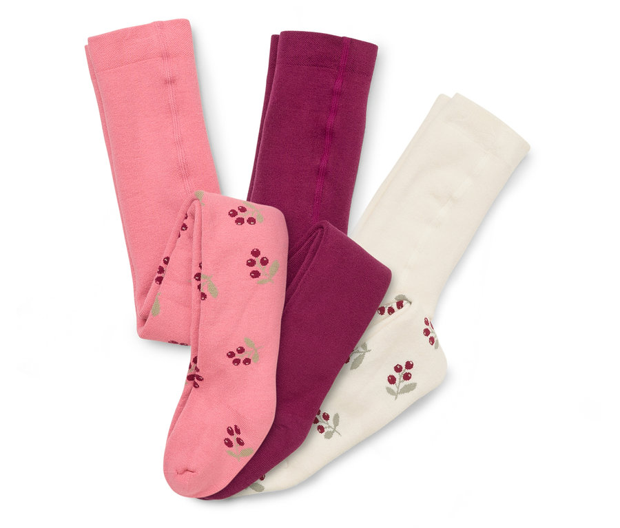 Trois bas thermiques en éponge pour enfant: un rose, un rose foncé et un crème à motif de baies.