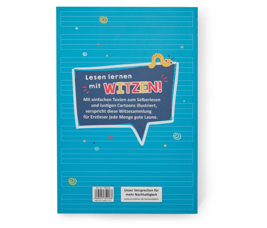Le dos du livre « Lesen lernen mit Witzen ! » présente du texte et une illustration de chenille sur fond bleu.
