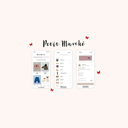 Trois captures d'écran de smartphone de l'application Petit Marché, entourées de petits papillons rouges.