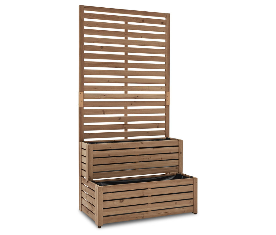 Jardinière en bois avec treillis en arrière-plan.