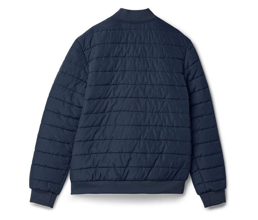 Vue arrière d'une veste matelassée bleu marine avec poignets et col côtelés.