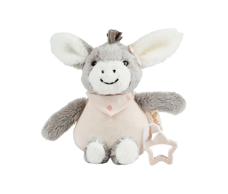 Jouet en peluche âne gris et blanc avec un visage souriant, portant un bandana rose et tenant un anneau de dentition beige en forme d'étoile.