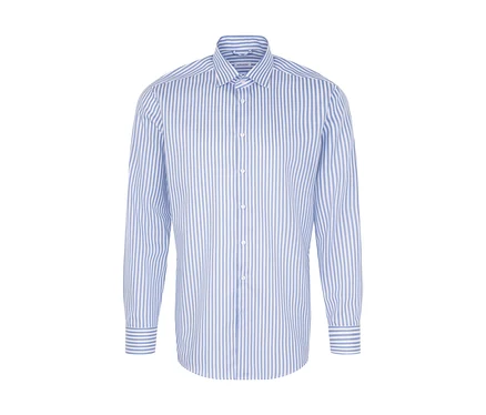 Chemise Seidensticker à rayures verticales bleues et blanches, avec manches longues et boutonnage.