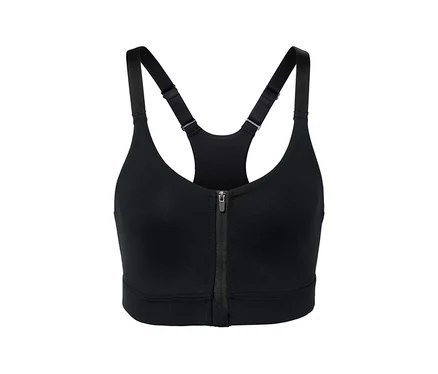 Soutien-gorge de sport noir avec fermeture éclair au centre.