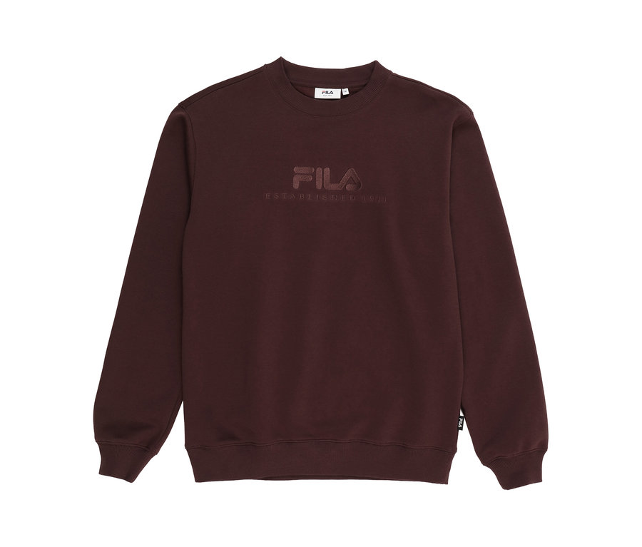 Sweat-shirt Fila marron foncé avec logo Fila en relief et l'inscription « ESTABLISHED 1911 » sur la poitrine.