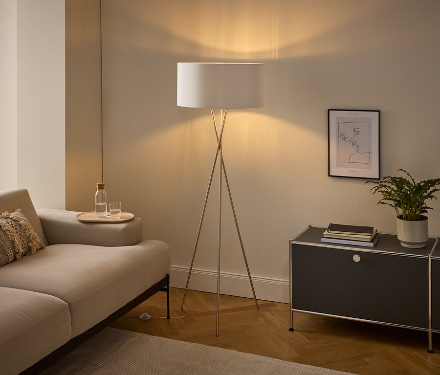 Un salon confortable avec un canapé clair, un lampadaire trépied avec un abat-jour blanc et un meuble gris foncé. Sur l'accoudoir du canapé se trouve un plateau avec une bouteille d'eau et un verre. Le meuble contient une plante en pot, des livres, et une impression d'art linéaire encadrée est accrochée au-dessus.