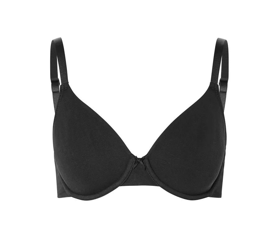 Soutien-gorge à armatures noir avec bretelles réglables et petit détail décoratif au centre.