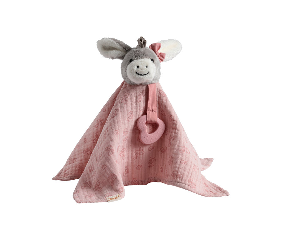 Doudou rose avec une tête d'âne grise, un petit nœud rose sur l'oreille et un anneau de dentition rose en forme de cœur.