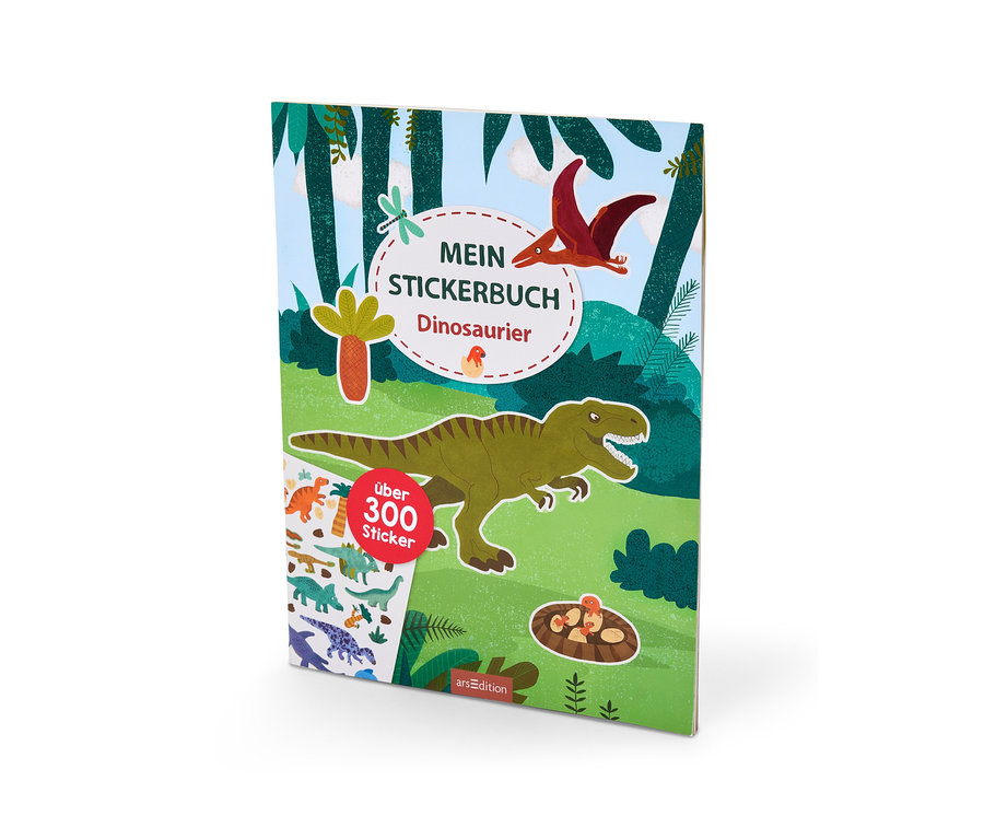 Un livre d'autocollants sur le thème des dinosaures. La couverture montre un T-Rex vert, un ptérodactyle volant, de petits autocollants de dinosaures, un nid avec des œufs et le titre "Mein Stickerbuch Dinosaurier" avec la mention "über 300 Sticker".