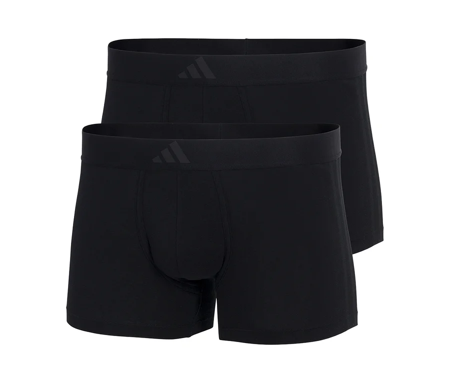 Deux boxers adidas Active Flex en coton noirs, l'un légèrement derrière l'autre, tous deux avec un logo adidas gris foncé sur la ceinture.