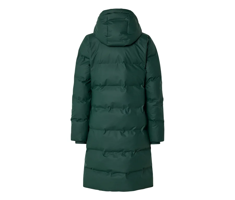 Long manteau doudoune vert foncé avec capuche, vu de dos.