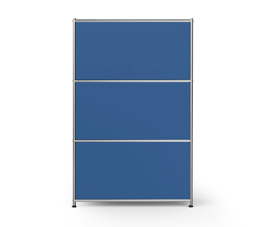 Étagère modulaire bleue à trois compartiments avec un cadre argenté sur fond blanc.