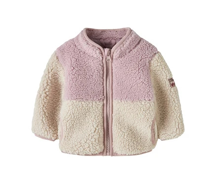 Veste polaire bicolore pour enfant, rose en haut et crème en bas, avec une fermeture éclair intégrale, un col montant et deux poches avant.