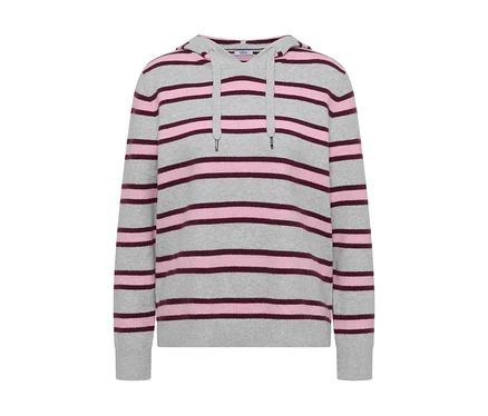 Sweatshirt à capuche en maille CECIL gris clair avec des rayures horizontales roses et rose foncé.