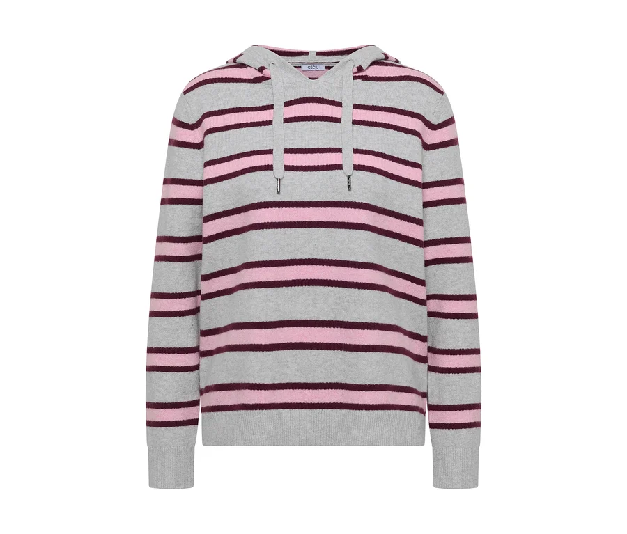 Sweatshirt à capuche en maille CECIL gris clair avec des rayures horizontales roses et rose foncé.