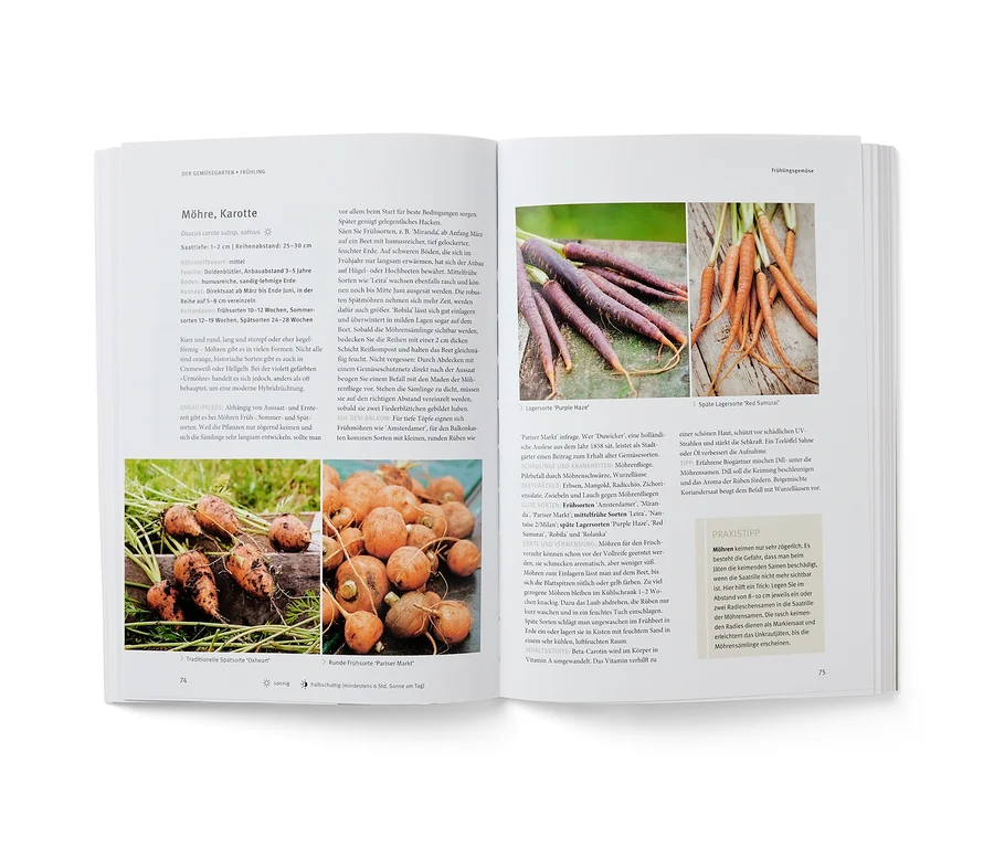 Livre ouvert avec des images de carottes et du texte du livre « Dein eigenes Gemüse » (tes propres légumes, en allemand).