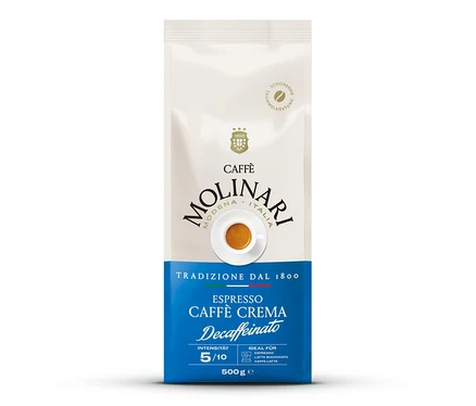 Un paquet blanc et bleu de café Caffè Molinari Espresso Caffè Crema Decaffeinato, 500g. Le paquet montre une tasse d'espresso et des informations sur l'intensité 5/10 et la torréfaction lente.