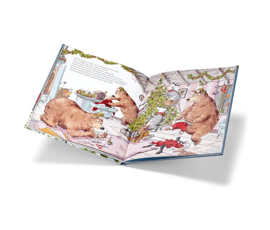 Illustration du livre « Dr. Brumms total verrückte Weihnachten » montrant un ours et un blaireau décorant un arbre de Noël.