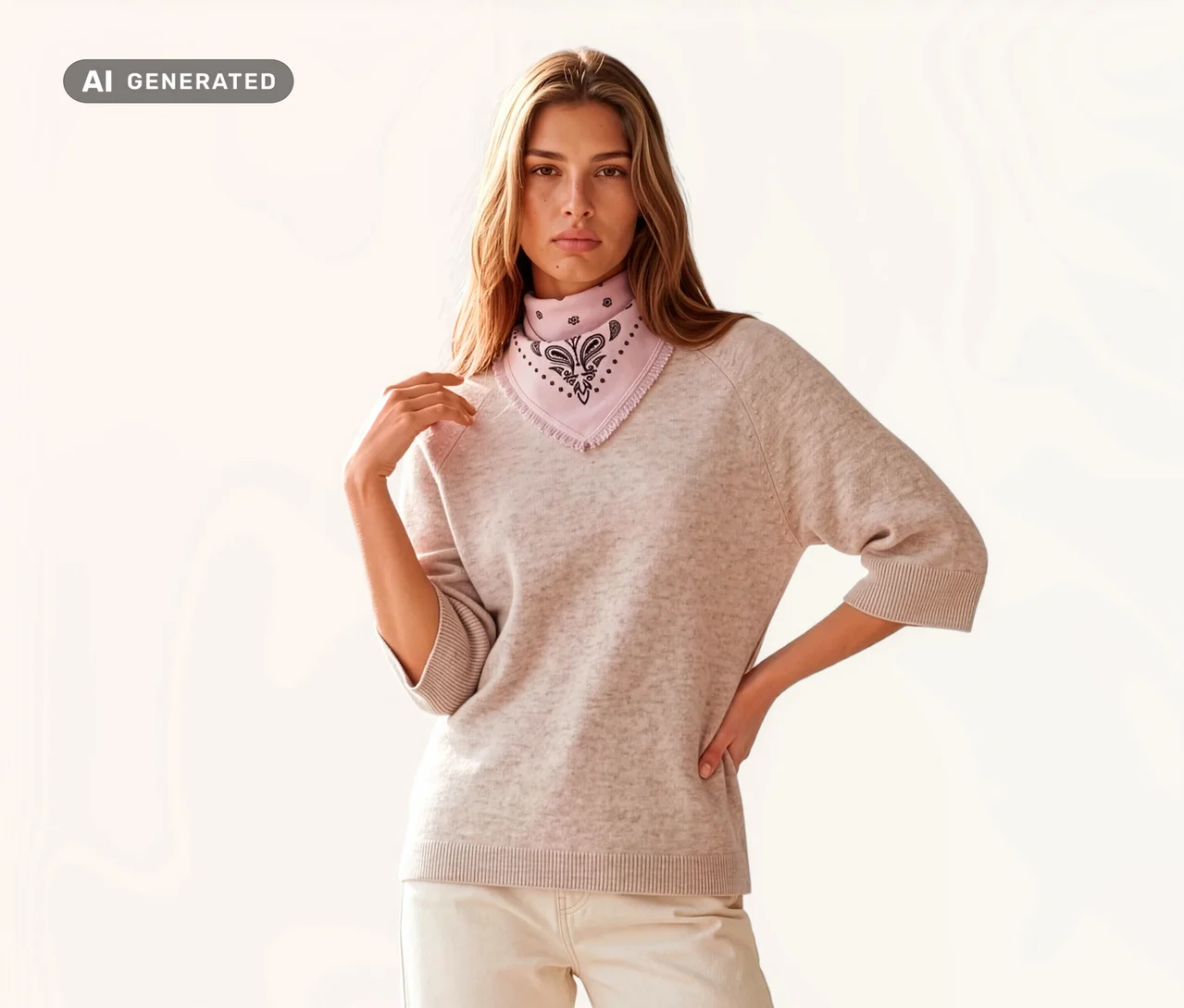 Une femme aux cheveux longs porte un pull beige clair et un bandana tricoté rose en laine et cachemire avec un motif noir et blanc autour du cou.