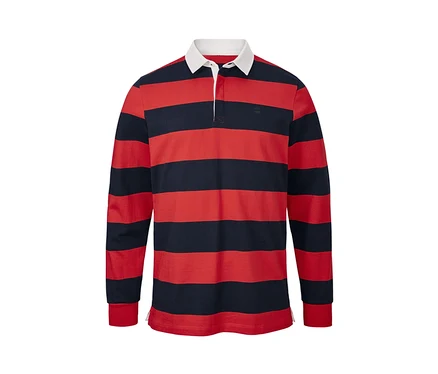 Polo rayé bleu marine et rouge à manches longues.