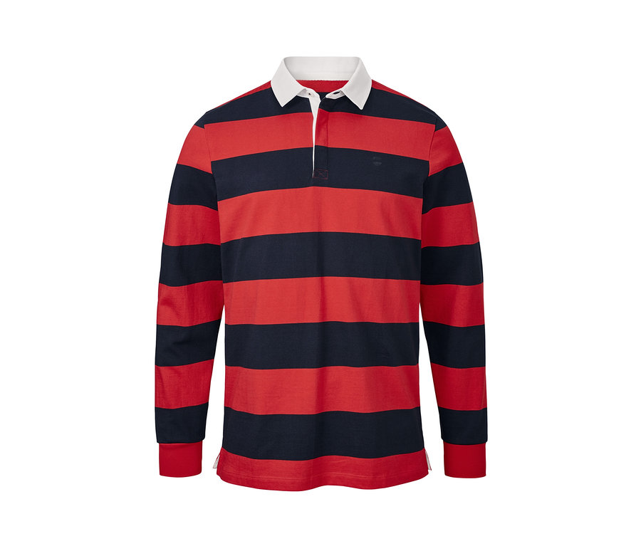Polo rayé bleu marine et rouge à manches longues.
