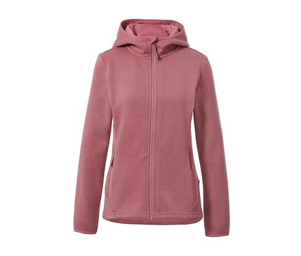 Veste en maille polaire rose avec fermeture éclair et capuche.