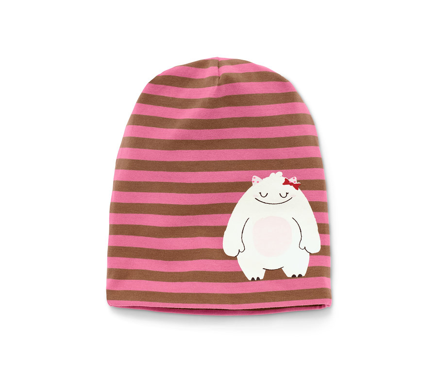 Bonnet rayé rose et marron avec un monstre de dessin animé.