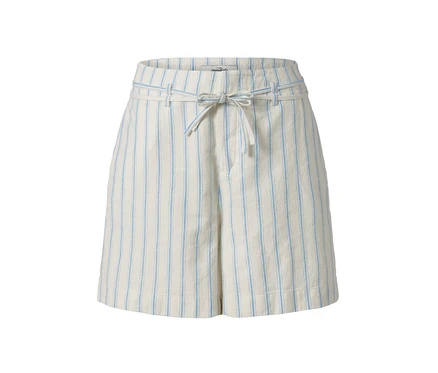 Short tissé beige avec rayures bleues et cordon de serrage à la taille.