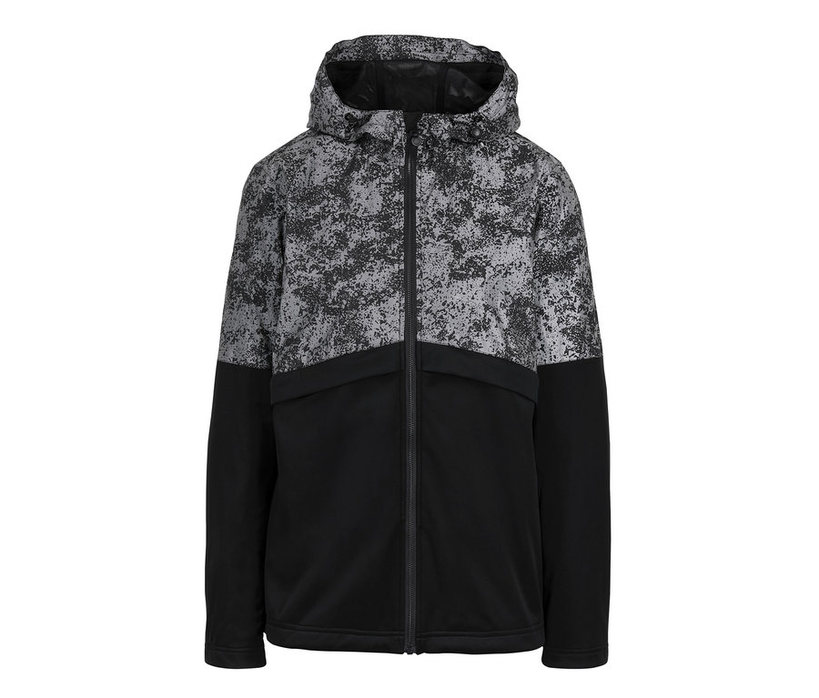 Veste softshell noire et grise à capuche et éléments réfléchissants.