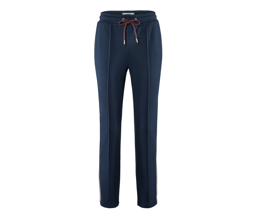 Un pantalon de jogging bleu marine avec cordon de serrage et des rayures blanches sur le côté.