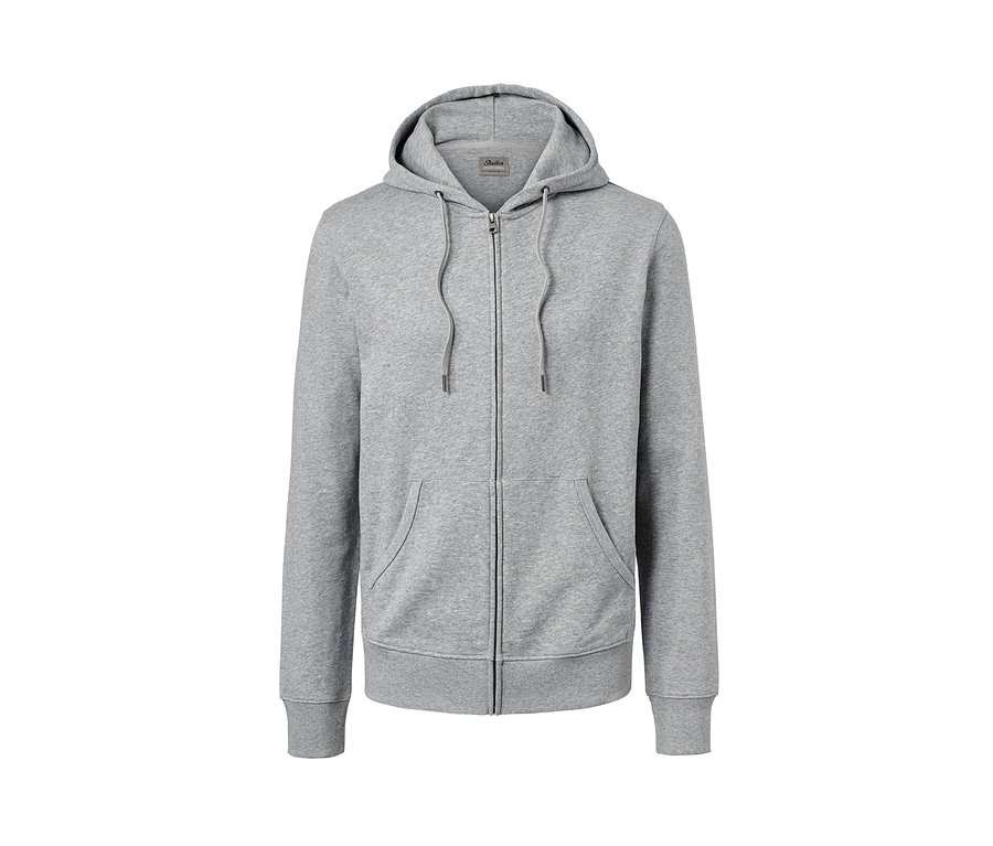 Veste molletonnée grise avec fermeture éclair et capuche.