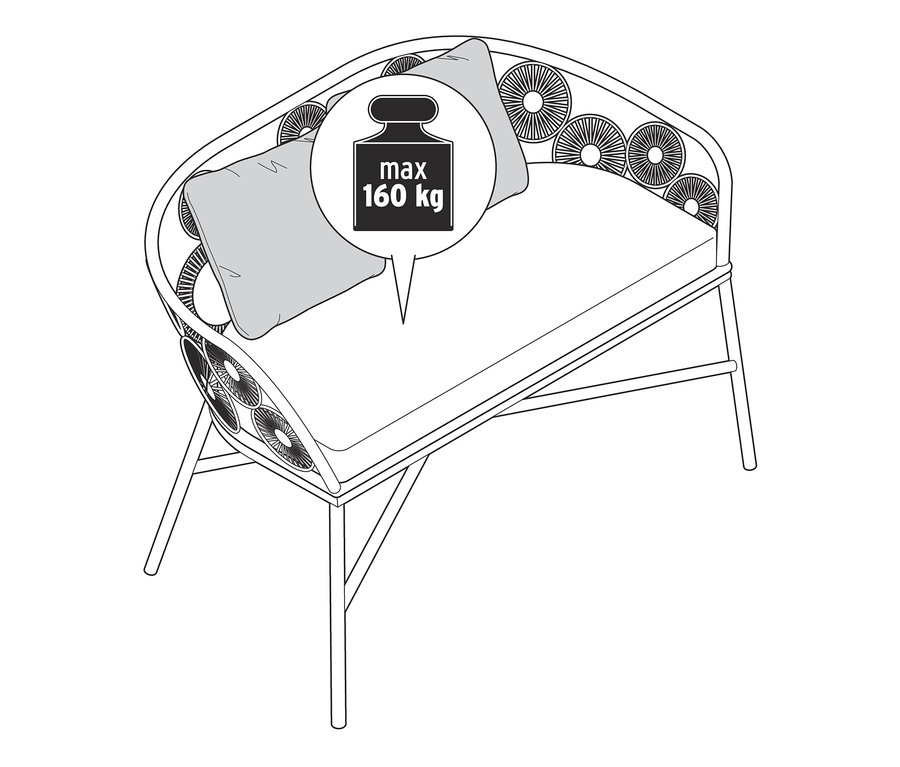 Illustration d'un banc à motif floral avec deux coussins. Capacité maximale de 160 kg.