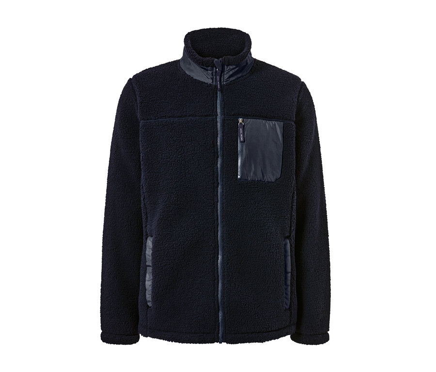 Une veste en peluche bleu marine avec une fermeture éclair sur le devant et une poche zippée.