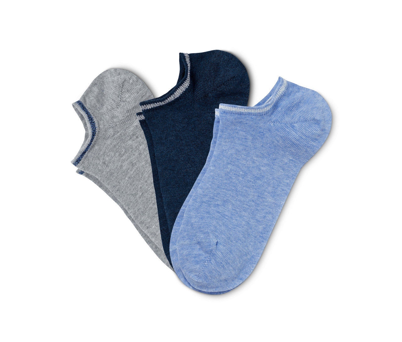 Trois paires de chaussettes de sport métallisées en gris, bleu marine et bleu clair.