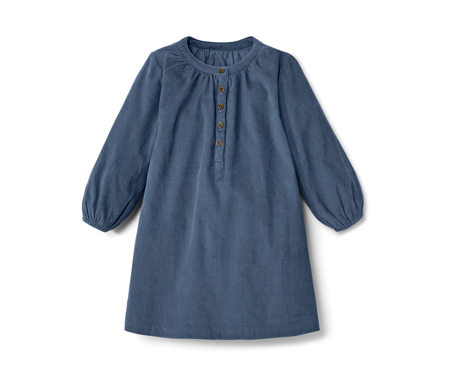 Robe en velours bleue pour enfant avec manches longues et boutons.