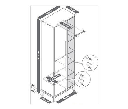 Schéma de l'armoire haute de salle de bains « Eklund » avec des casiers sur le côté et les dimensions correspondantes.