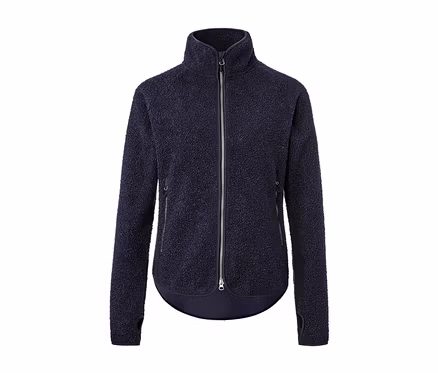 Veste en polaire teddy bleu marine avec fermeture éclair au milieu.