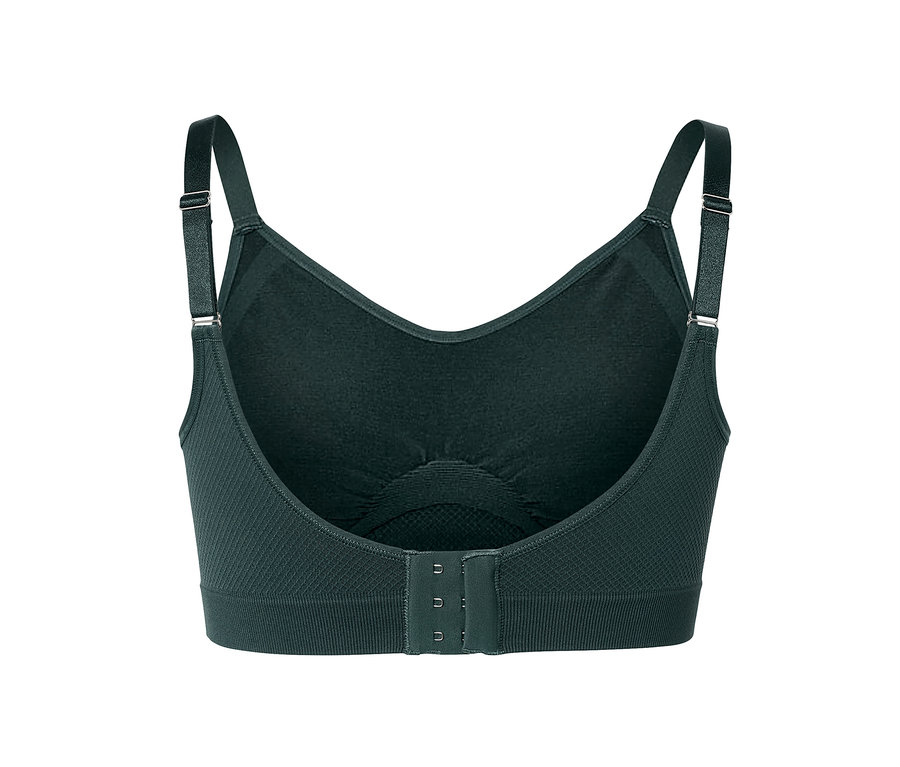 Vue détaillée de l'arrière d'un soutien-gorge de sport Seamless bleu foncé avec bretelles réglables et fermeture à agrafes.