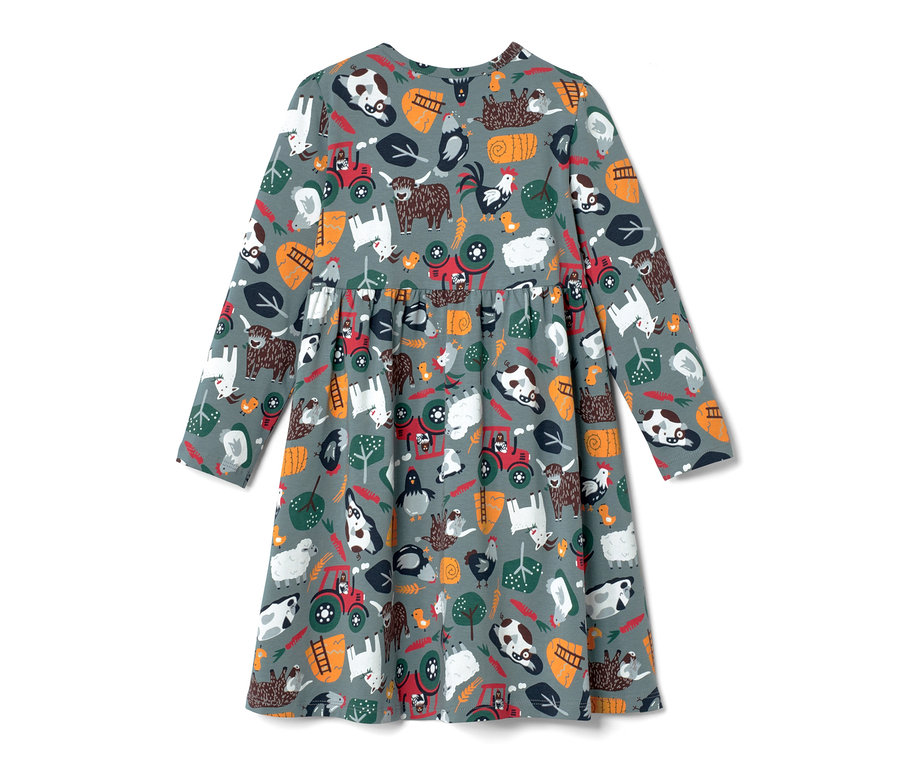 Robe en jersey pour bébé avec imprimé intégral d'animaux de ferme et de tracteurs.