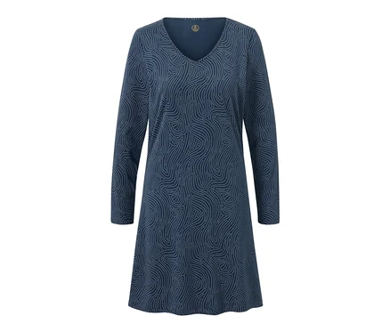 Chemise de nuit bleue à manches longues avec un motif blanc.