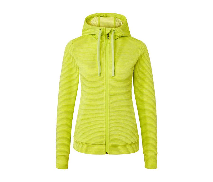 Veste à capuche, citron vert avec fermeture éclair au centre.