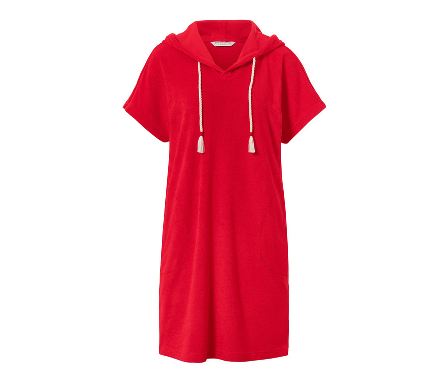 Robe de plage rouge en tissu éponge avec capuche et cordon de serrage.